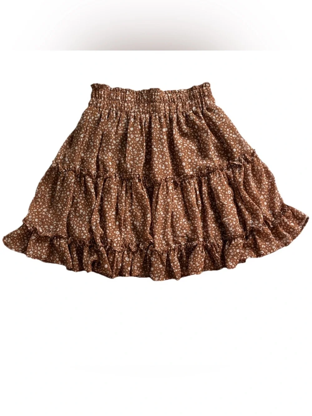 Newbury Kustom Boho Tiered Ruffle A-Line Short Skirt Brown & White Floral Small